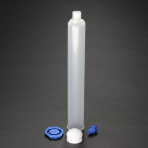 AccuDose 12oz (360cc) black cartridge kit with piston, tip cap, and end cap