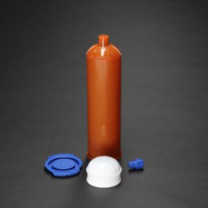 AccuDose 20oz (600cc) black cartridge kit with piston, tip cap, and end cap