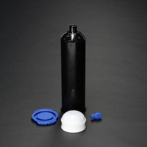 AccuDose 20oz (600cc) black cartridge kit with piston, tip cap, and end cap