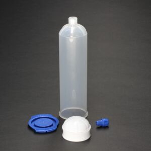 AccuDose 20oz (600cc) black cartridge kit with piston, tip cap, and end cap