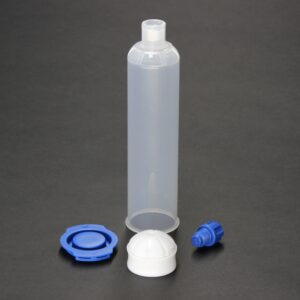 AccuDose 6oz (150cc) black cartridge kit with piston, tip cap, and end cap