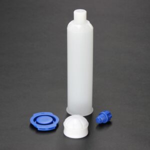 AccuDose 6oz (150cc) black cartridge kit with piston, tip cap, and end cap